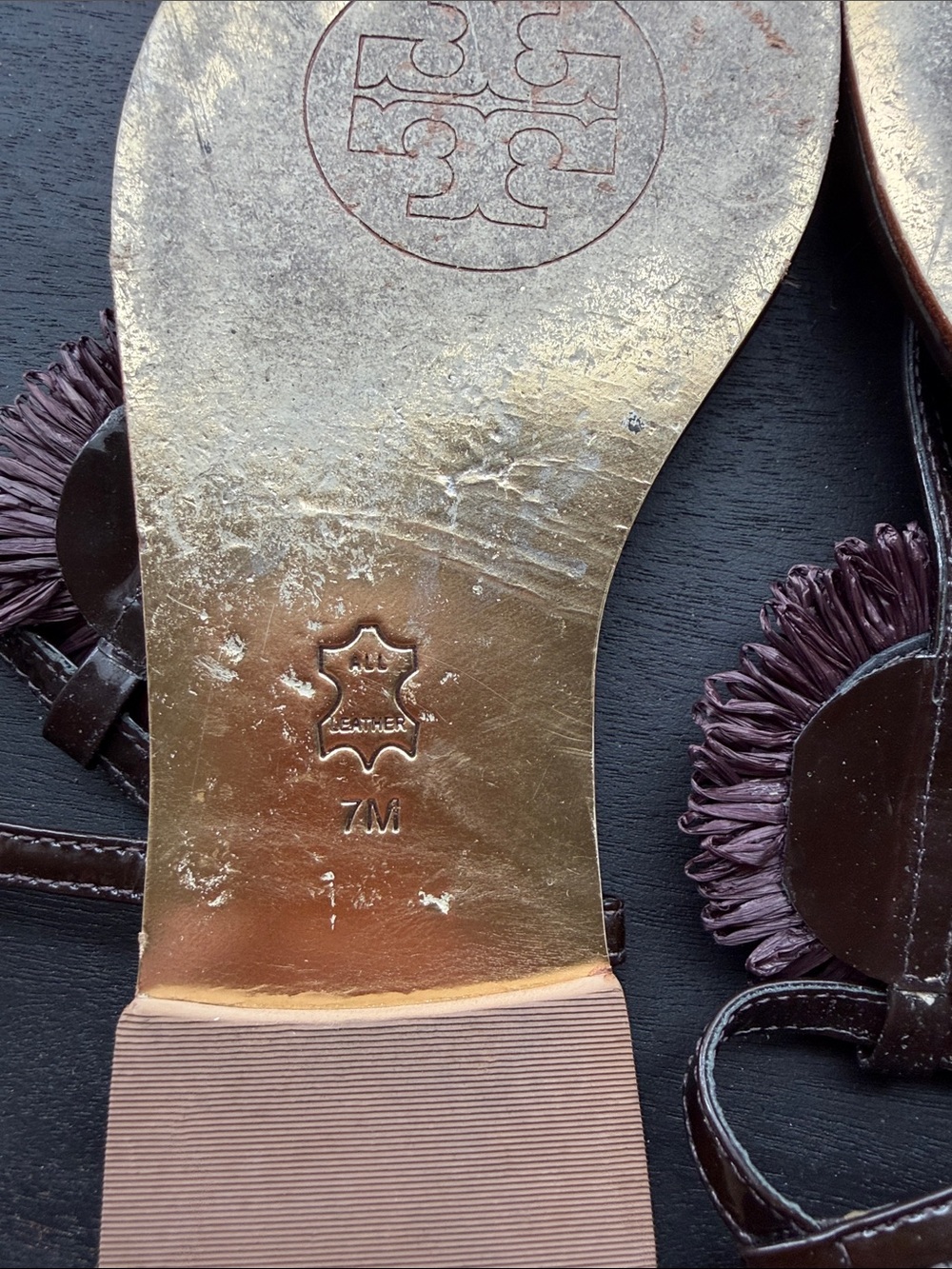 Tory Burch Dark Brown Floral Rosette Leather Thong Sandals with Gold - Picture 3 of 3